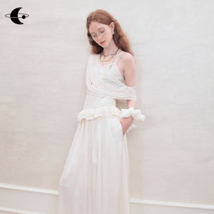 吊带连衣裙女秋季 法式 仿醋酸蕾丝缎面长裙 亮片跃升 创世纪元