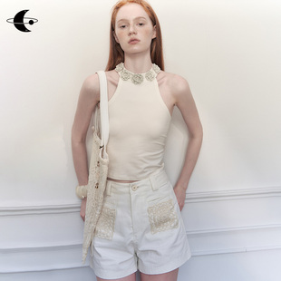 创世纪元【花颈空想】手工钩花圆领挂脖露背背心女夏外穿无袖上衣
