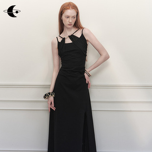 小资吊带连衣裙女秋气质不规则开衩长裙 法式 创世纪元 夜影悬纱