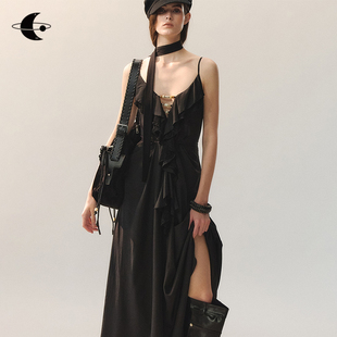 创世纪元 早春裙子女2026光烛做旧串珠蕾丝吊带连衣裙 月汐叠痕