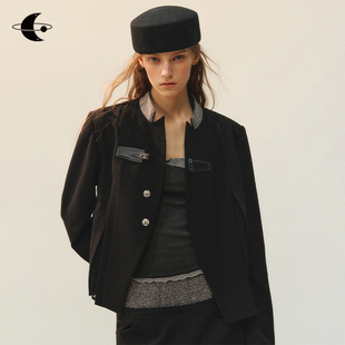 外套女 2026皮扣开合解构开衩拼纱设计感西装 创世纪元 墨境织边