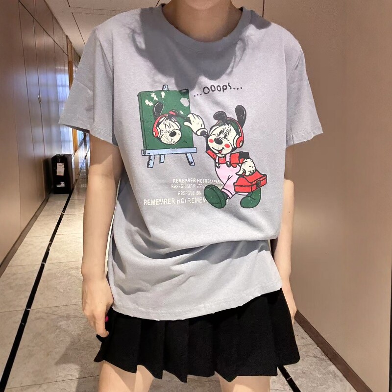 韩国东大门2025夏季新款女装圆领套头卡通米奇减龄百搭短袖T恤潮