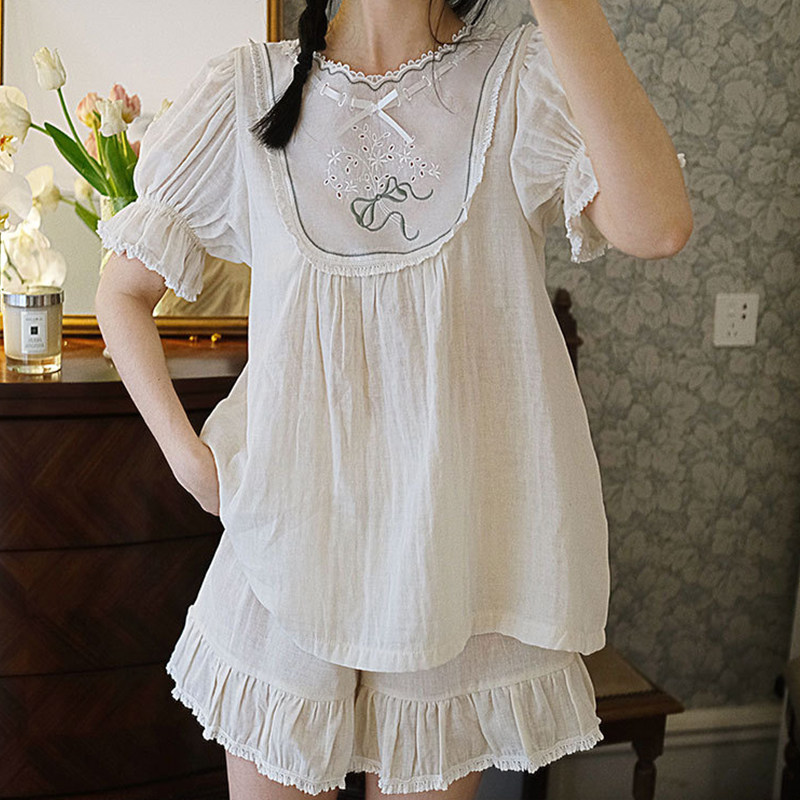 韩版睡衣女夏纯棉纱布柔软短袖短裤宽松少女宫廷家居服甜美女套装