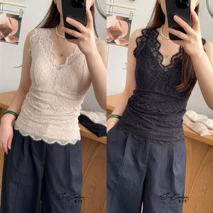 黛美芮秋冬V领蕾丝花边固定杯聚拢偏厚打底加绒保暖小背心女88901