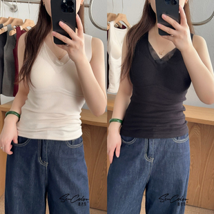 黛美芮秋冬新款 云朵绒羊绒蛋白无痕V领网纱拼接保暖背心女士6615