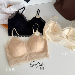 黛美芮新品轻盈性感蕾丝提花V领固定杯聚拢镂空美背吊带裹胸3519