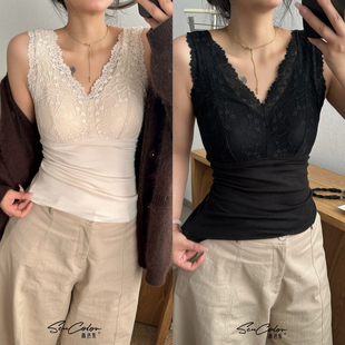 黛美芮秋冬精致蕾丝深V羊绒蛋白磨毛固定杯无袖保暖小背心女5579