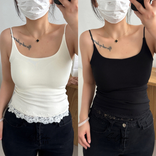 黛美芮秋冬新品 一体杯聚拢细吊带下摆拼蕾丝磨毛保暖背心女55568