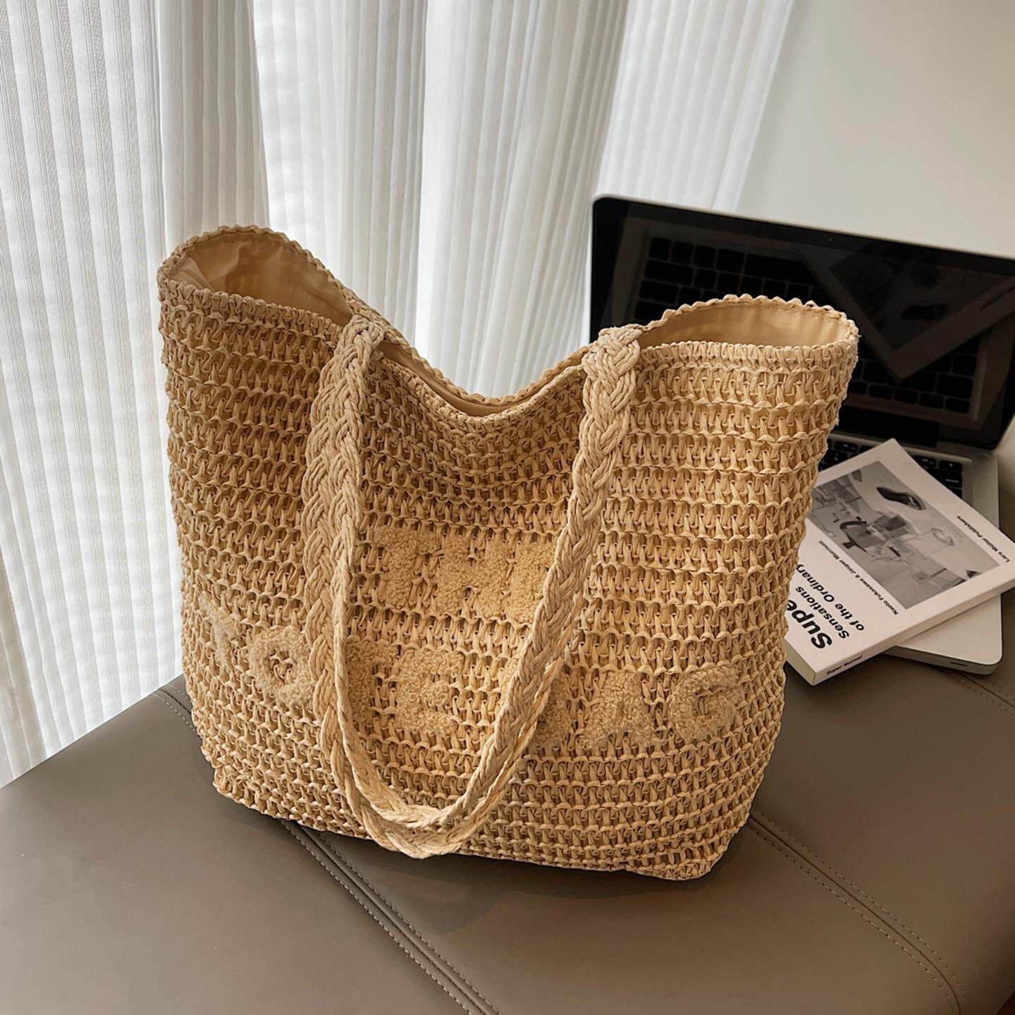 夏季大容量编织草编包女2025新款休闲通勤单肩托特包度假风沙滩包