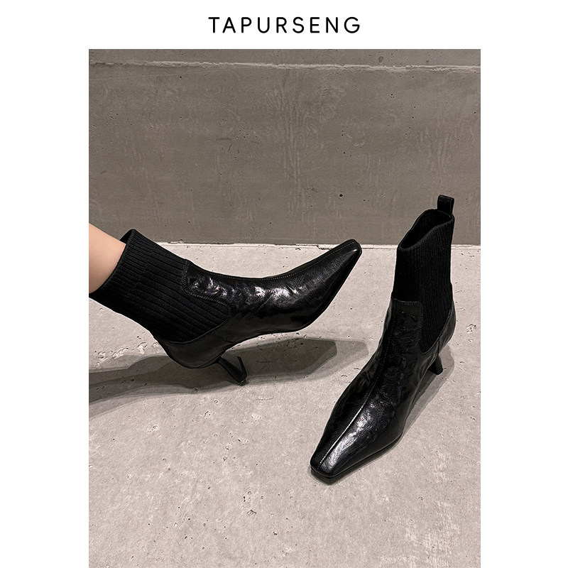 仆尔森TAPURSENG手工小羊皮拼接弹力袜靴女性感高跟细跟瘦瘦短靴