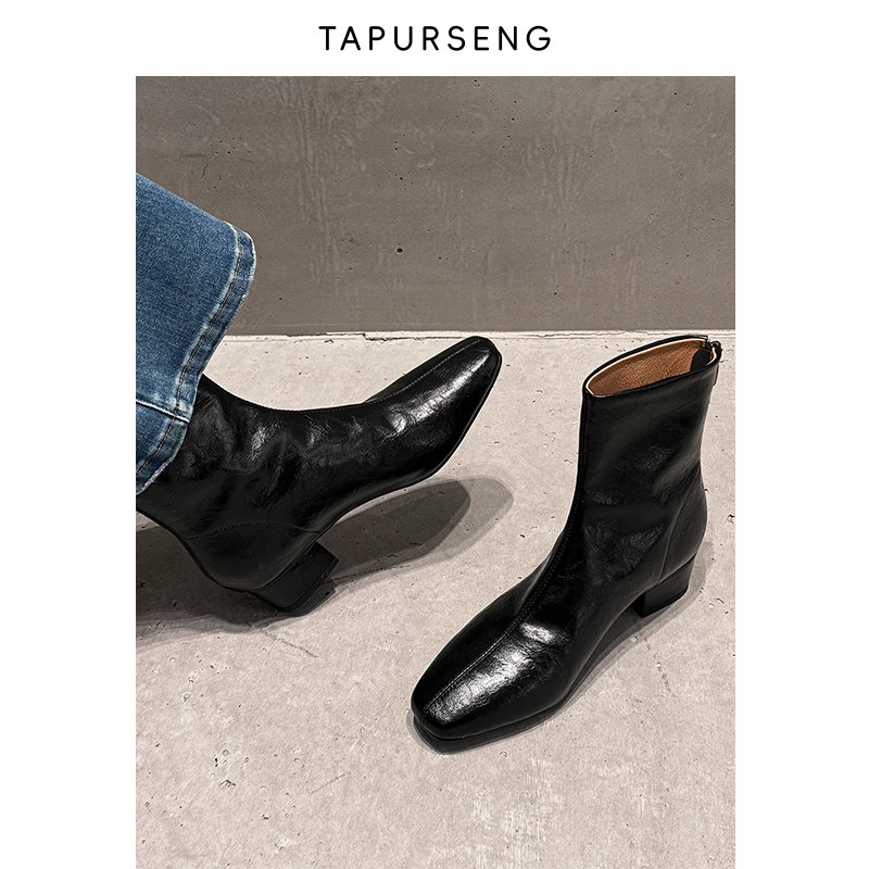 仆尔森TAPURSENG手工小牛皮中跟粗跟短靴女春秋单靴黑色瘦瘦靴