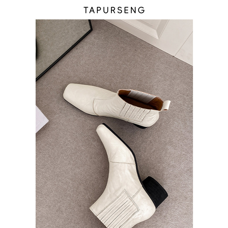 仆尔森TAPURSENG手工小羊皮粗跟猪鼻子方头切尔西靴女时尚短靴子