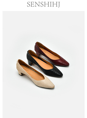 SENSHIHJ/森诗和匠羊皮浅口粗跟单鞋女26春夏尖头红色通勤高跟鞋