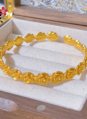 金色玫瑰花手镯手工立体雕刻轻奢百搭复古宫廷风通勤山茶花手环女