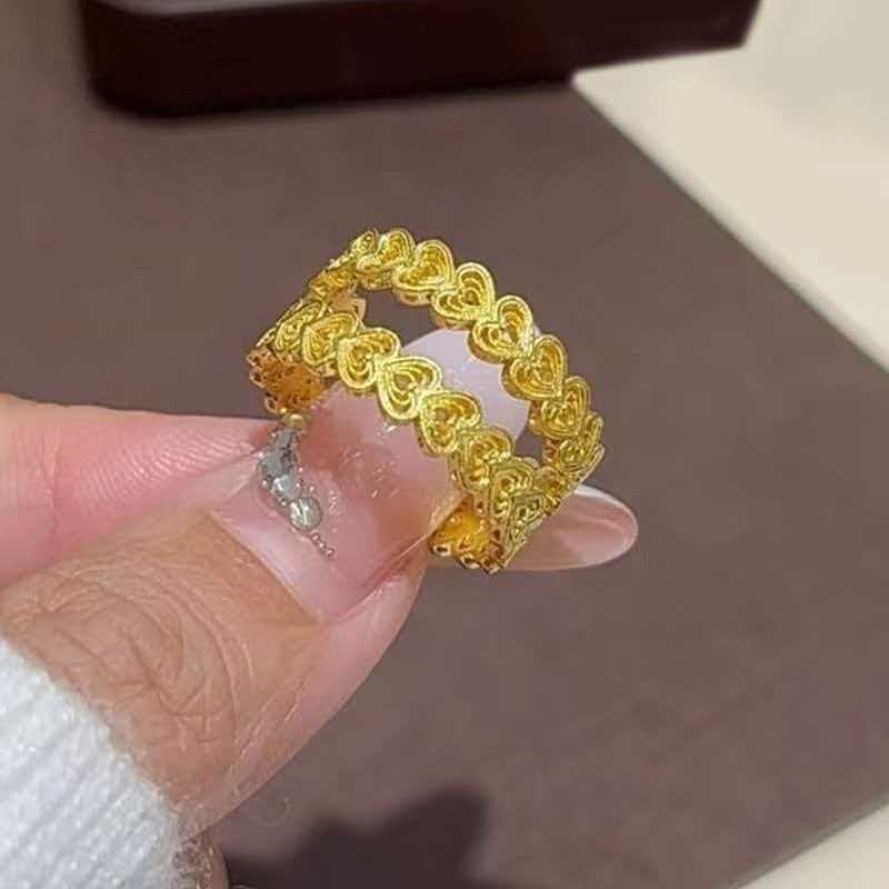 古法黄金色花丝爱心戒指女感轻奢镂空心心相印指环七夕礼物