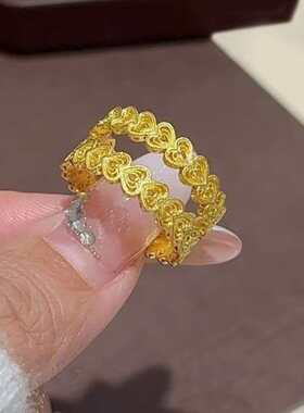 古法黄金色花丝爱心戒指女感轻奢镂空心心相印指环七夕礼物