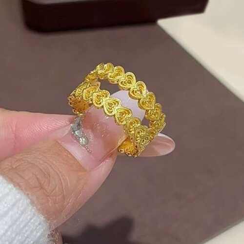 古法黄金色花丝爱心戒指女感轻奢镂空心心相印指环七夕礼物