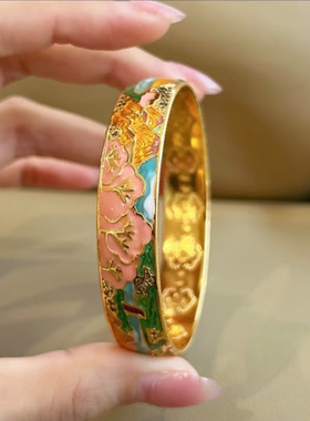 古法沙金烤漆珐琅彩手镯桃花三生三世花朵中国风百搭饰品厂家批发