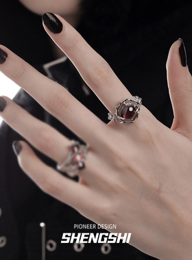 原创戒指女小众高级轻奢荆棘红色玛瑙宝石暗黑系潮酷百搭开口指环