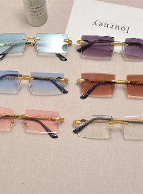 街拍长方形复古男女无框太阳镜