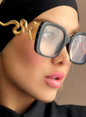 欧美复古方形大框蛇形平光眼镜