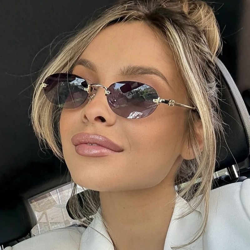 欧美复古无框切边椭圆形小框太阳眼镜男女潮圆脸显瘦嘻哈朋克墨镜