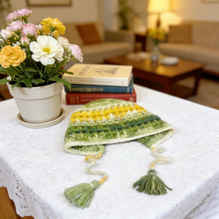 毛线手工编织帽子diy材料包秋冬护耳华夫格复古彩色儿童成人帽子