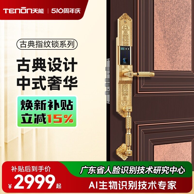 亚太天能指纹锁欧式古典智能门锁电子锁别墅豪宅双开门密码锁