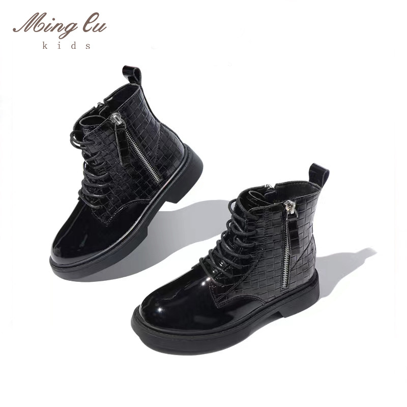 明璐女童加绒马丁靴2025冬季棉靴短靴亮皮靴子小女孩软底洋气黑色