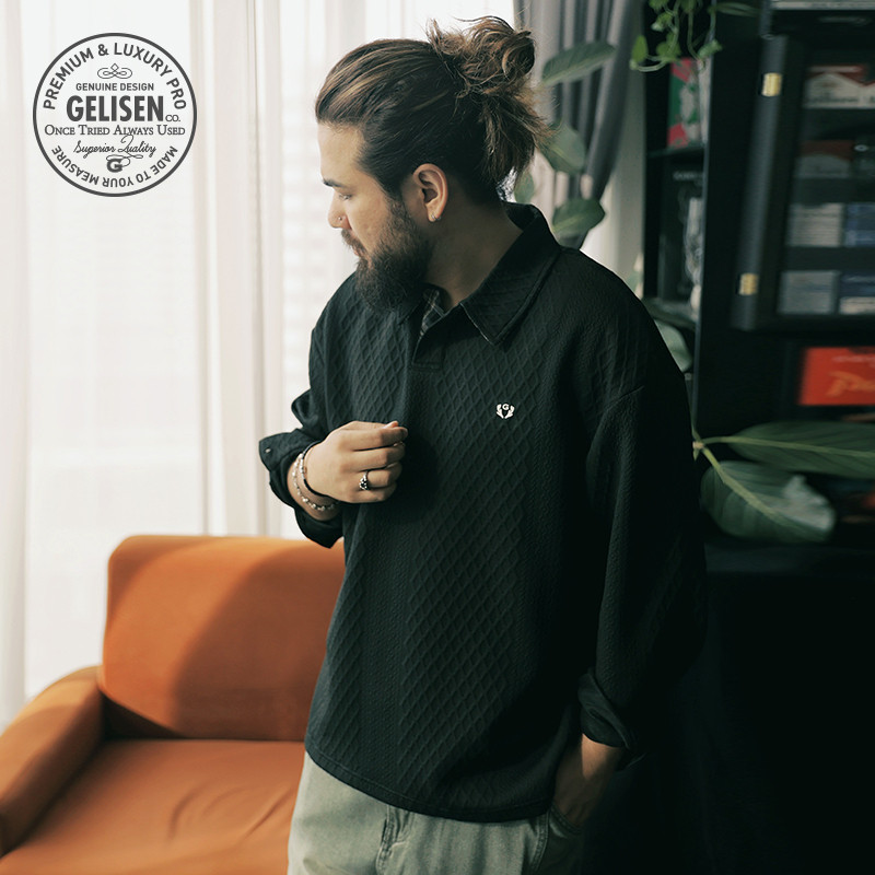 格里森GELISEN大码商务都市男装翻领长袖卫衣POLO衫宽松休闲上衣