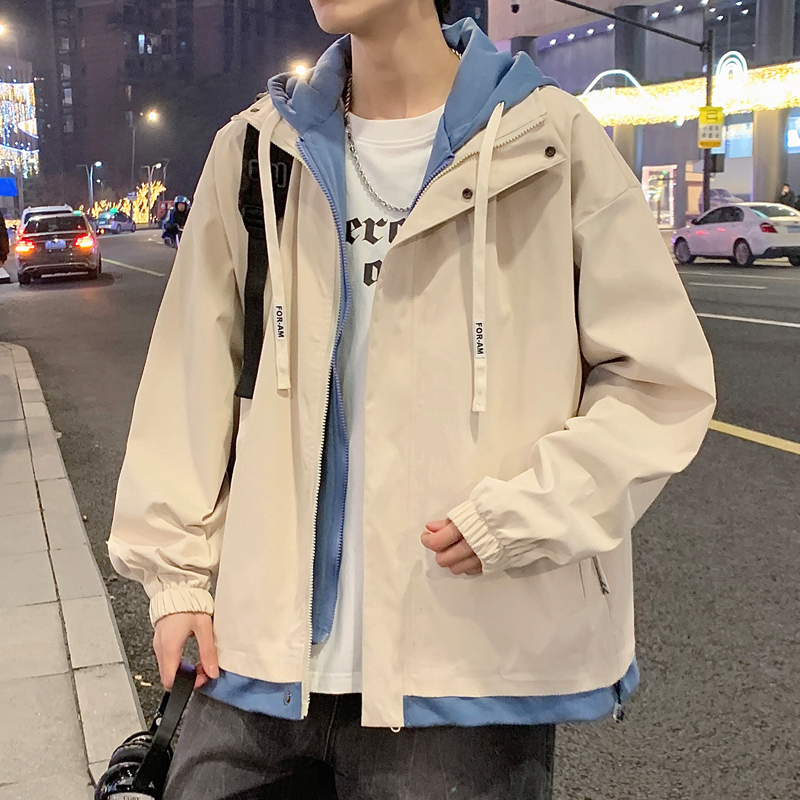 男士外套春秋冬季假两件休闲卡其色加绒夹克男生工装潮牌痞帅上衣