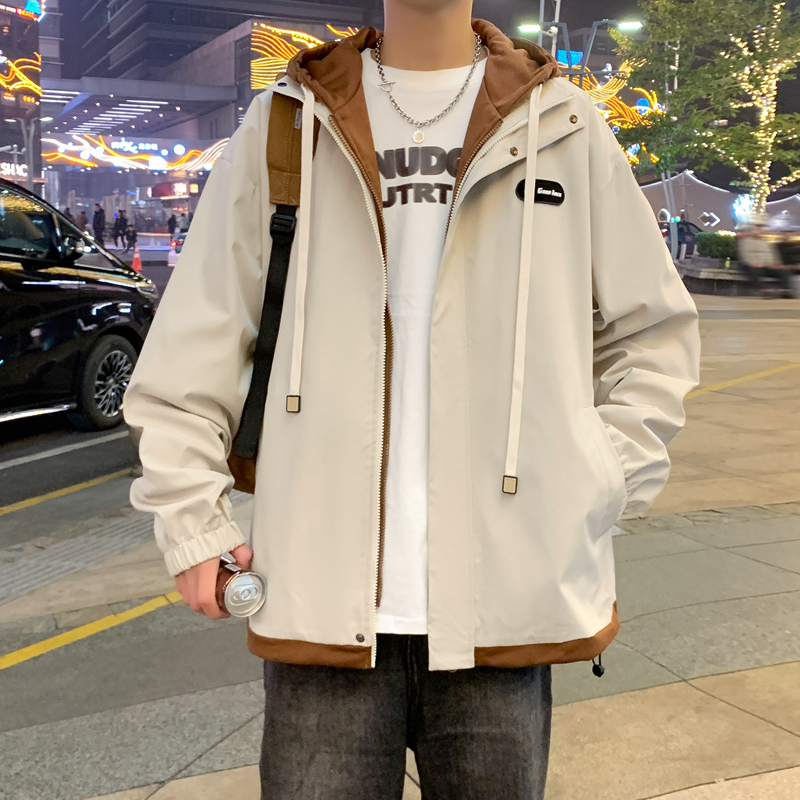 男士外套春秋冬季2025新款潮牌假两件休闲卡其色夹克工装加棉衣服