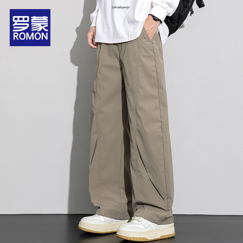 罗蒙高级感拼接裤子男秋季2025新款宽松潮牌直筒百搭春秋款工装裤,男装,休闲裤,淘宝优惠券,粉丝福利购,淘宝优惠卷