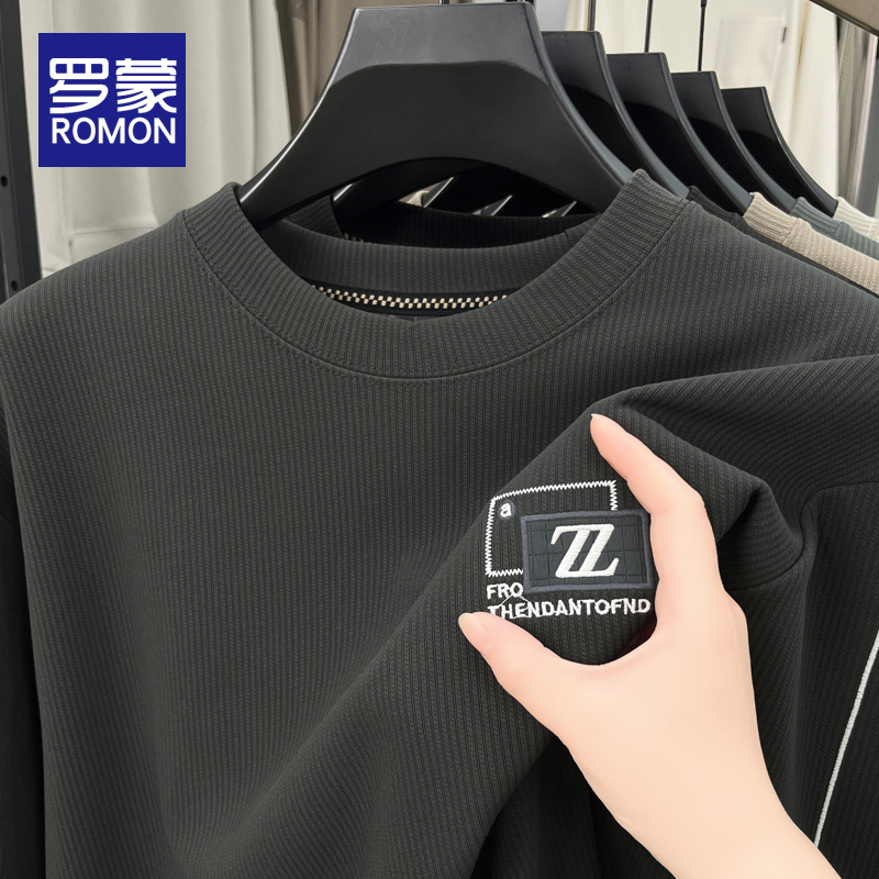 罗蒙圆领卫衣男士2024新款春秋季刺绣宽松休闲印花长袖百搭T恤男