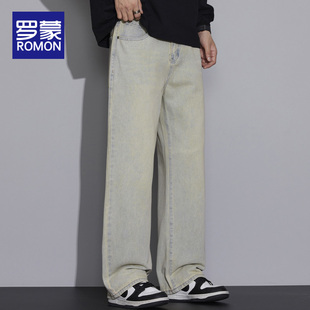 罗蒙牛仔裤男春秋季2025新款宽松直筒裤美式潮牌复古水洗阔腿裤子