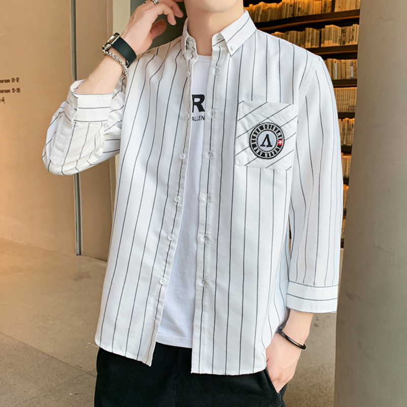 夏季短袖白衬衫男士薄款韩版潮流休闲帅气八分学生半袖七分袖衬衣