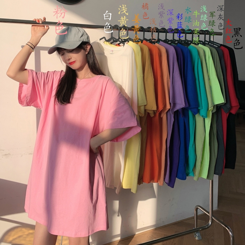 Real price 16 color short sleeve T-shirt women's mid long solid color dress long