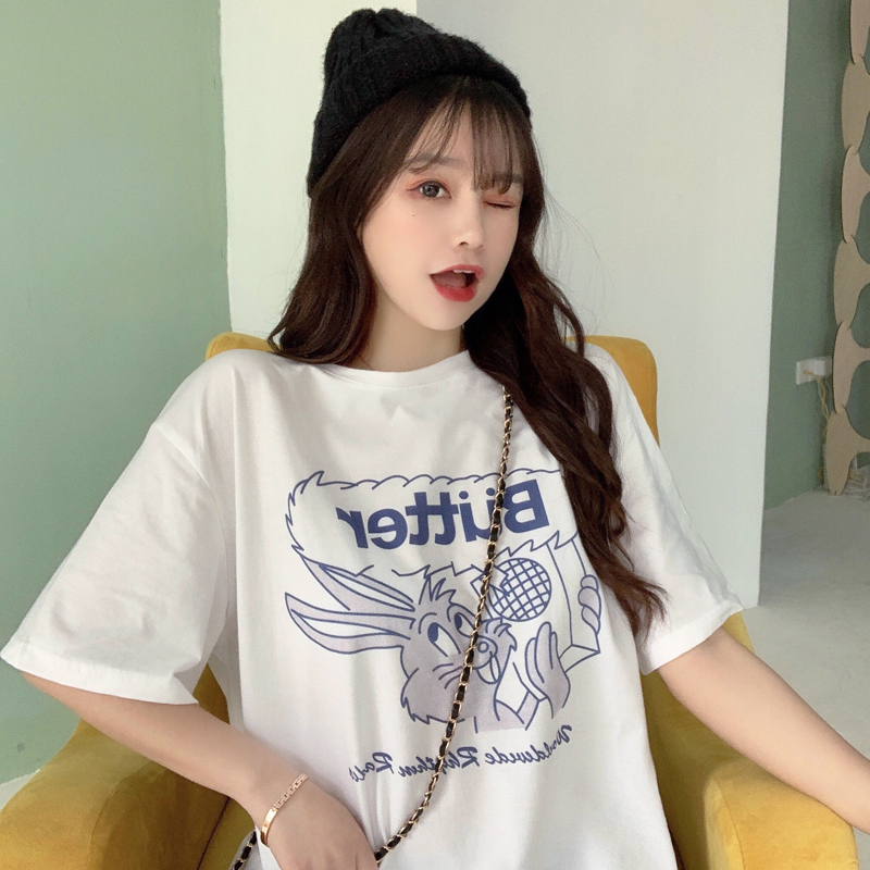 Real price short sleeve T-shirt women's middle long letter half sleeve cartoon top printing