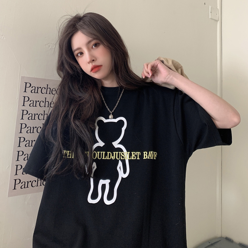 Real shot bear short sleeve T-shirt women loose Korean version Harajuku style half sleeve top