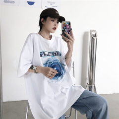 實拍實價短袖恤女寬鬆印花中長款