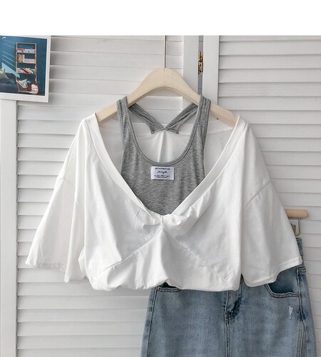 Cotton summer new T-shirt short loose fake two pieces of fashion versatile retro chic clothes schoolgirl