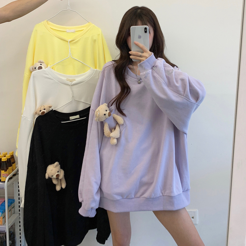 2021 real shot spring dress fish scale cloth 7525 cotton original size bear cute sweater woman loose lazy style