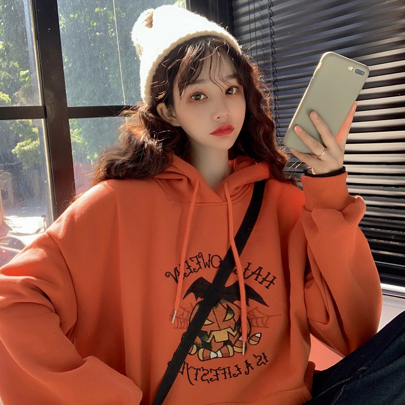 Real shot 250g winter hooded sweater women's Plush thickened loose letter Embroidered Jacket Top