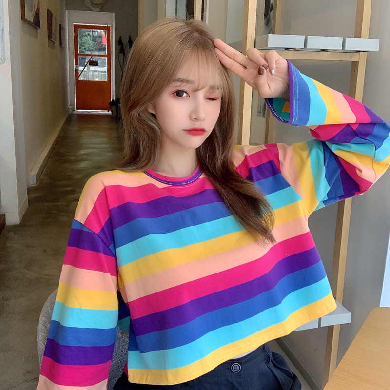 2021 real shot - fish scale 7525 cotton elegant style exposed navel short long sleeve sweater women's Rainbow Stripe T-shirt