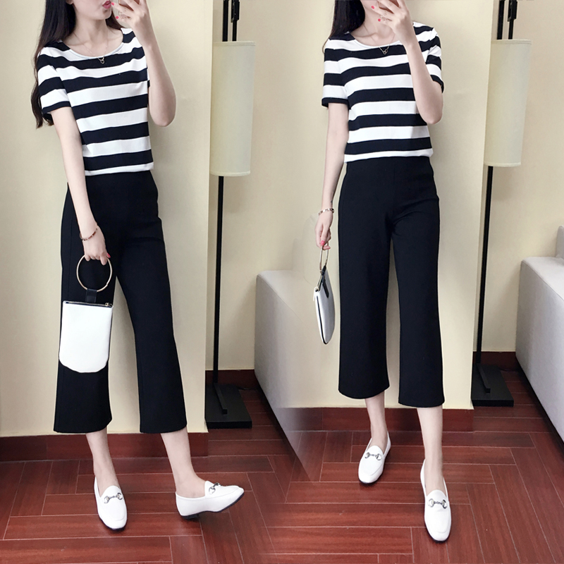 Real shot 2020 summer new short sleeve women's casual sports suit two piece wide leg Capris