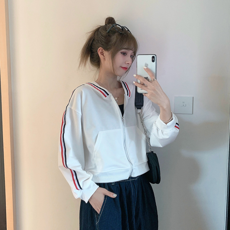 Real shot fish scale 7525 cotton stripe hooded student short sweater female small thin coat