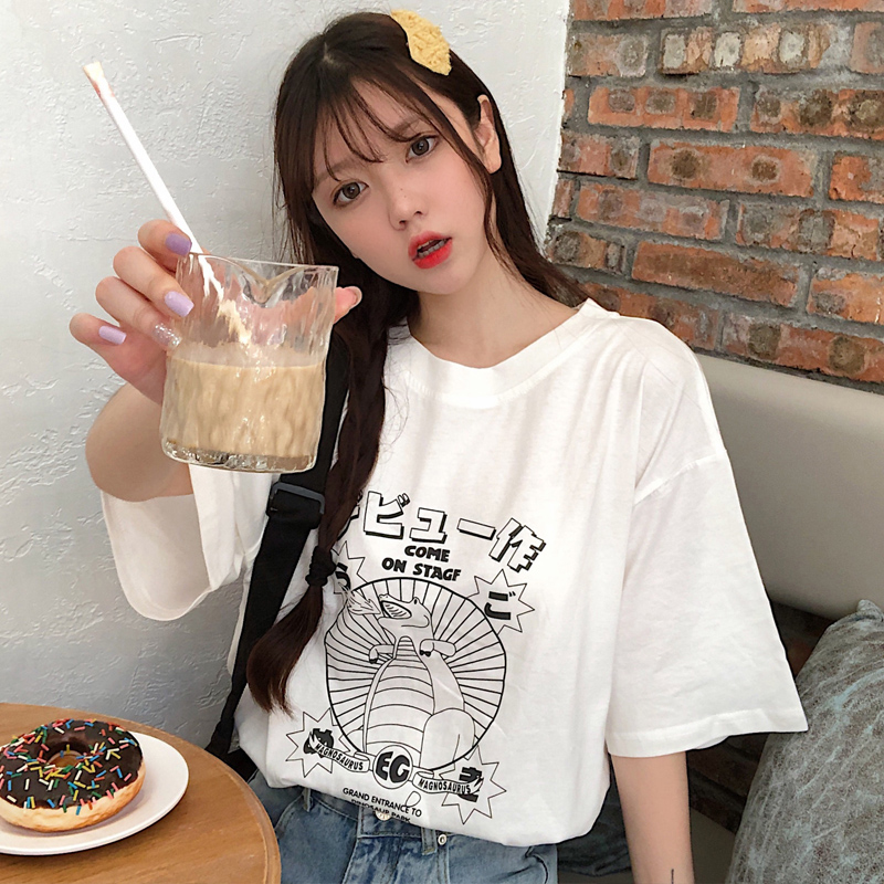 實拍短袖恤女寬鬆韓版原宿風港味上衣
