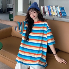 實拍實價短袖t恤女中長款條紋