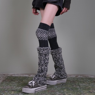 搭杂色堆堆袜套 街头叠穿潮酷风 西岭 深灰北欧提花过膝袜女