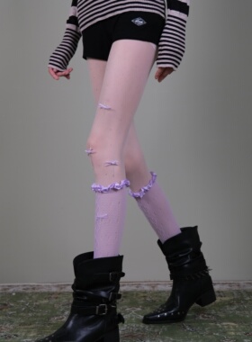 西岭【紫色蕾丝花边小腿袜叠穿 春夏搭配蝴蝶结丝袜黑靴潮袜